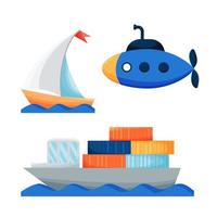 Cute cartoon sea objects, submarine, yacht, container ship vector