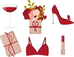 pegatinas para mujer, vino, flores, ropa interior, pintalabios vector