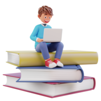 cursos online com alunos sentados na pilha de livros com notebooks laptops png