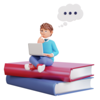 Online courses with students sitting on books pile with laptops notebooks png