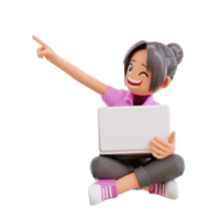 cute girl sit crossed legs hold laptop studying and pointing up png
