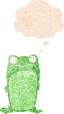 cartoon staring frog and thought bubble in retro textured style