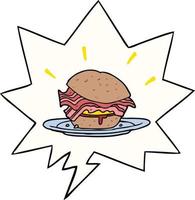cartoon amazingly tasty bacon breakfast sandwich and cheese and speech bubble