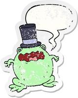 cartoon toad wearing top hat and speech bubble distressed sticker vector