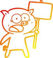 warm gradient line drawing cartoon pig protesting vector