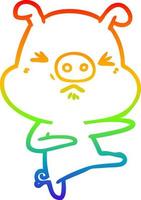 rainbow gradient line drawing cartoon angry pig kicking out vector