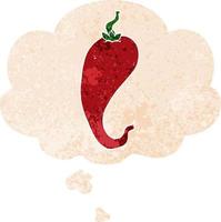 cartoon chili pepper and thought bubble in retro textured style