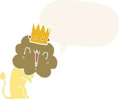 cartoon lion and crown and speech bubble in retro style vector