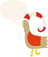 pollo de carotón con divertido sombrero de navidad y burbuja de habla al estilo retro vector