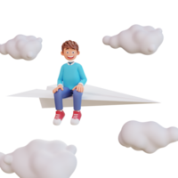 ilustração menino bonito sente-se no avião de papel png