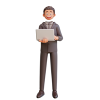 Ilustración de un hombre de negocios feliz de pie sosteniendo una computadora portátil. comunicación, concepto de lugar de trabajo de oficina png