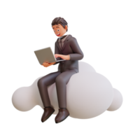 konzept mobile anwendung und cloud-services bussinesman-charakter sitzt auf großem wolkenschild