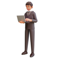 llustration of standing happy bussinesman holding laptop. Communication, office workplace concept png