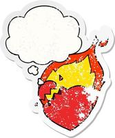 cartoon flaming heart and thought bubble as a distressed worn sticker vector