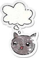 cartoon cat and thought bubble as a distressed worn sticker vector