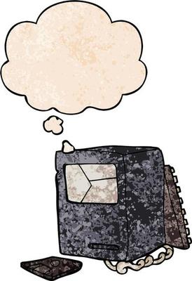 cartoon broken old computer and thought bubble in grunge texture pattern style