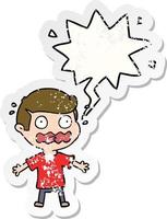 cartoon man totally stressed out and speech bubble distressed sticker vector