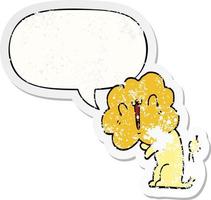 cute cartoon lion and speech bubble distressed sticker vector