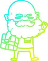 cold gradient line drawing cartoon man with beard frowning with xmas gift vector