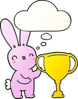 lindo conejo de dibujos animados con copa de trofeo deportivo y burbuja de pensamiento en estilo degradado suave vector