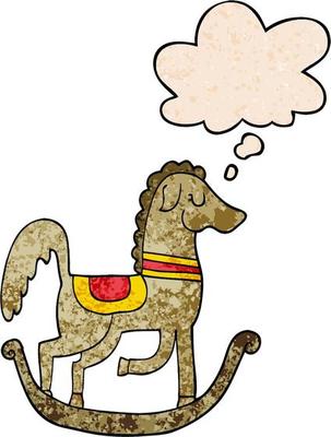 cartoon rocking horse and thought bubble in grunge texture pattern style