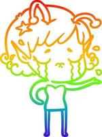 rainbow gradient line drawing cartoon crying alien girl vector