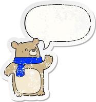 cartoon bear wearing scarf and speech bubble distressed sticker vector