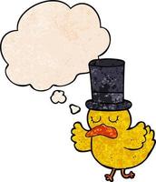 cartoon duck wearing top hat and thought bubble in grunge texture pattern style vector