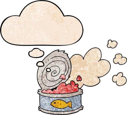 cartoon smelly can of fish and thought bubble in grunge texture pattern style