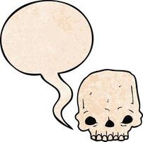 cartoon spooky skull and speech bubble in retro texture style vector