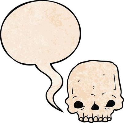 cartoon spooky skull and speech bubble in retro texture style