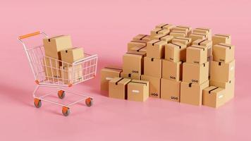 Shopping cart, Delivery boxes on pink background. Delivery concept. 3D rendering photo