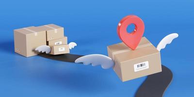 mosca de caja de cartón de paquete marrón, servicio de entrega en línea o concepto de envío y logística global, envío de carga rápido y rápido. representación 3d foto