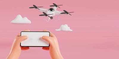 el controlador de mano voladora de drones, concepto de vuelo de drones, representación 3d foto