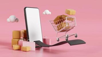 carro de compras fuera del teléfono inteligente, compras en línea en concepto de teléfono inteligente. representación 3d foto