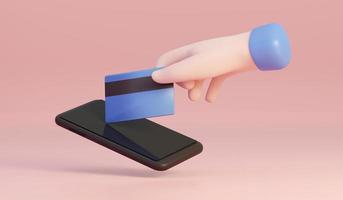 Hand holding credit card touch smartphone screen isolated on background. 3D Rendering photo