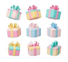 Collection of realistic gifts . Festive colorful decorative 3d render object. Isolated on white background. 3D Rendering photo