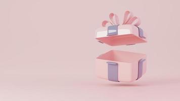 Open square empty gift box on pink glossy podium with copy space. 3D Rendering photo