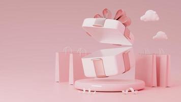 Open square empty gift box on pink glossy podium with copy space. 3D Rendering photo