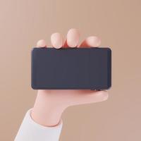 Hand holding black smartphone horizontal. hand hold game style concept. 3d rendering photo