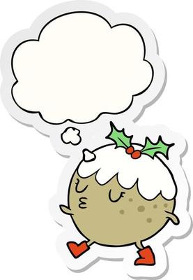 cartoon chrstmas pudding walking and thought bubble as a printed sticker
