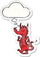 cartoon cute dragon and thought bubble as a distressed worn sticker vector