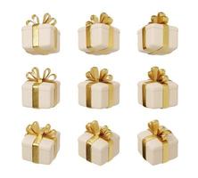 Set of Realistic 3d gift box with golden bow. Collection of realistic gifts . Festive colorful decorative 3d render object. Isolated on white background. 3D Rendering photo