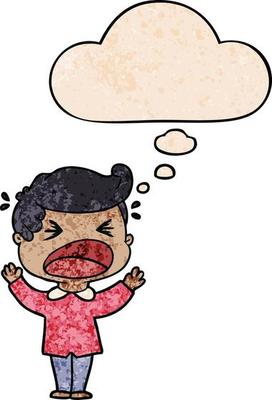 cartoon shouting man and thought bubble in grunge texture pattern style