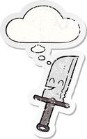 cartoon knife and thought bubble as a distressed worn sticker vector