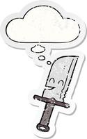 cartoon knife and thought bubble as a distressed worn sticker vector