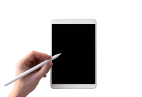 Isolated white tablet with hand and pencil png