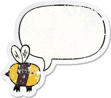 cartoon bee and speech bubble distressed sticker vector