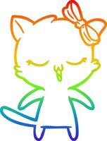 rainbow gradient line drawing cartoon cat with bow on head vector