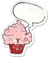 cute cartoon frosted cupcake and speech bubble distressed sticker vector